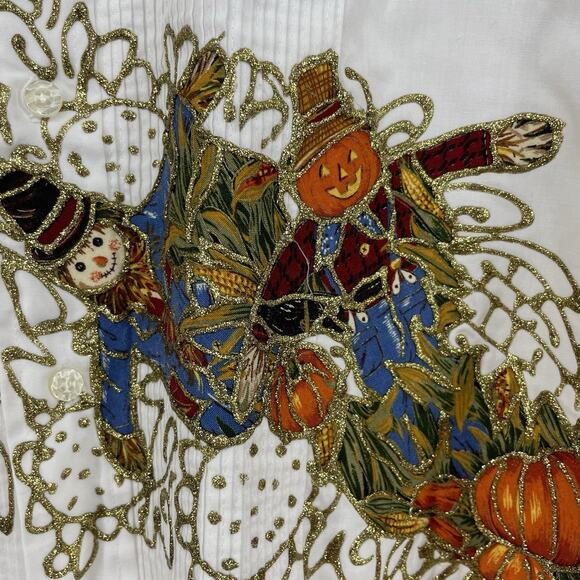 Neil Allyn Size L 32/33 Halloween Tuxedo Shirt Canvas Pumpkins Scarecrow Gold - Picture 3 of 7